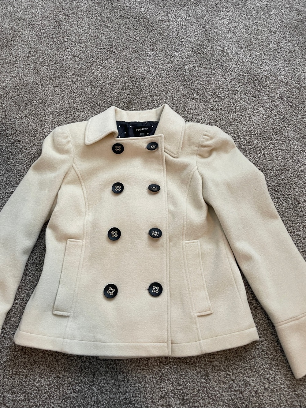 bebe Cream Double-Breasted Pea Coat with Black Buttons